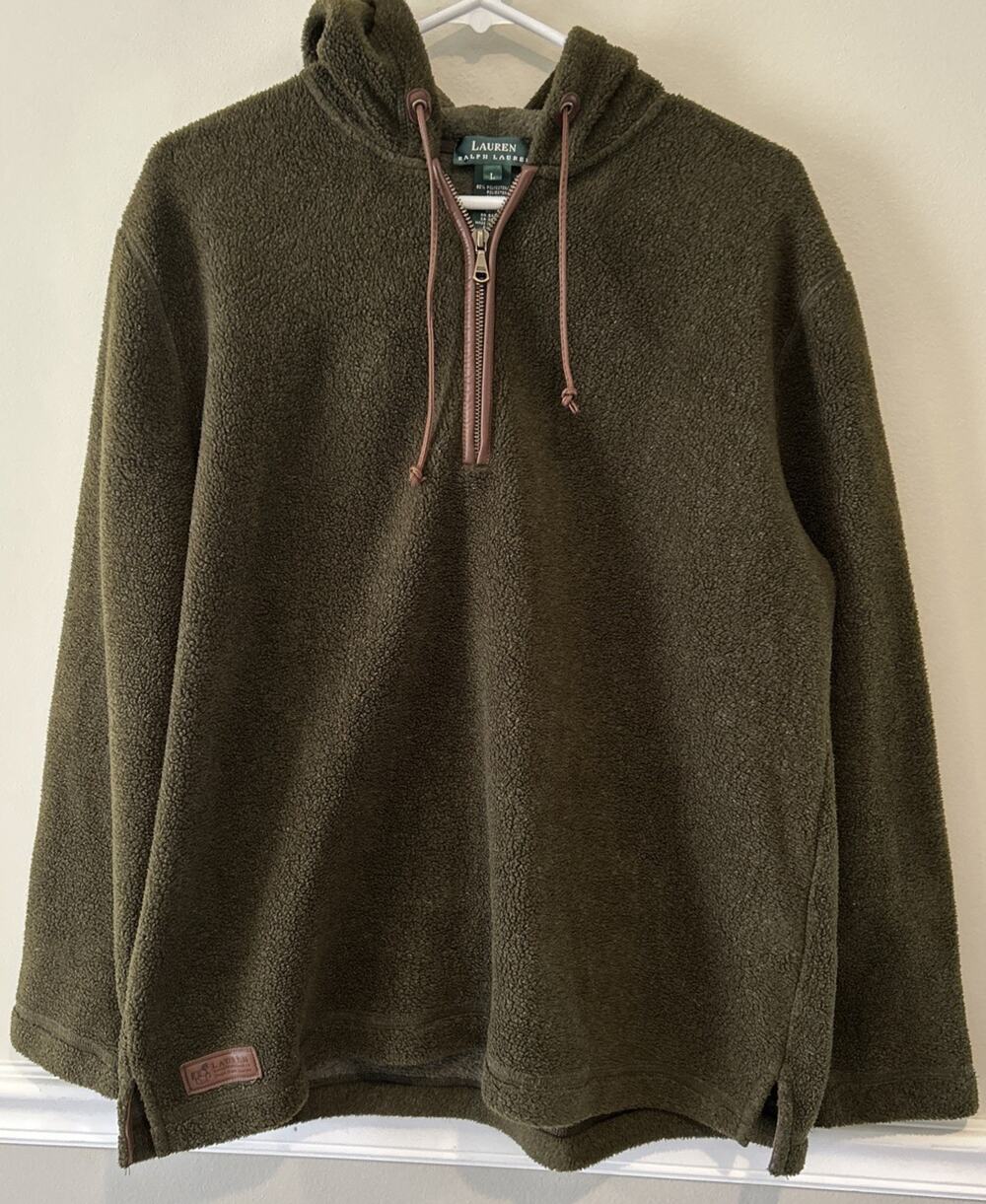 Lauren Ralph Lauren Womans 1/4 Zip Pullover Fleece large Green Hoodie/Leather